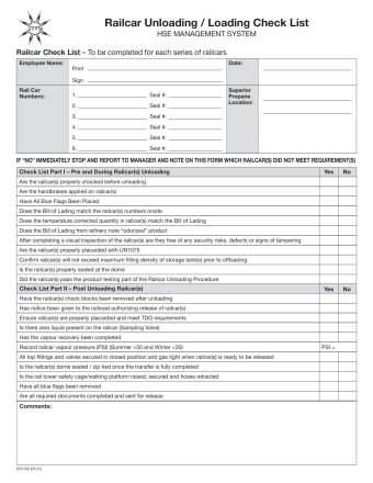 STC 150 STITTCO RAILCAR UNLOADING/LOADING CHECKLIST